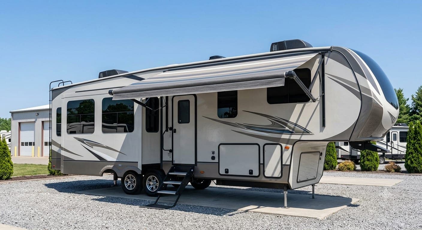 Fully extended slide-out room on an American fifth-wheel RV at a Florida campsite