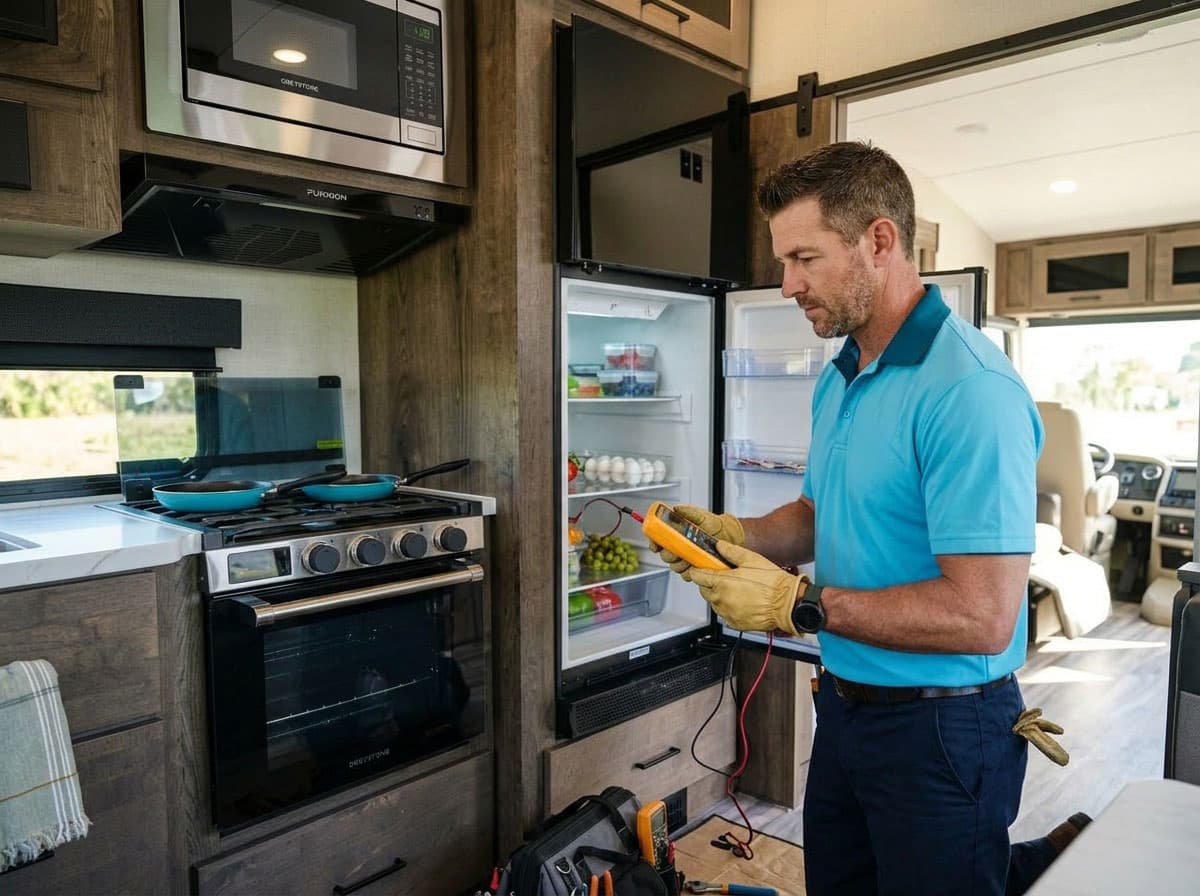 RV technician diagnosing an RV refrigerator with a multimeter