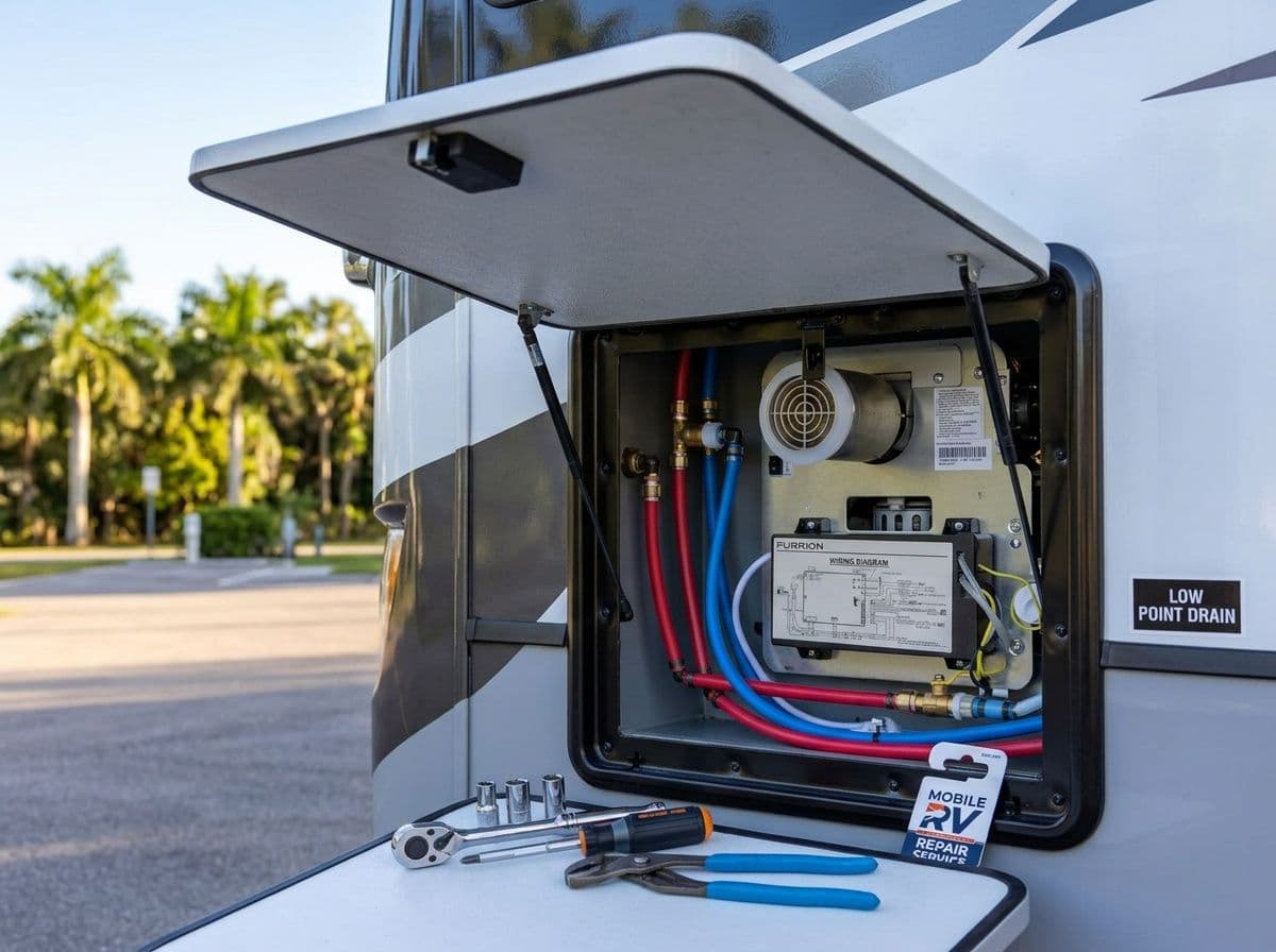 Open RV wet bay revealing a Furrion water heater and red and blue PEX water lines