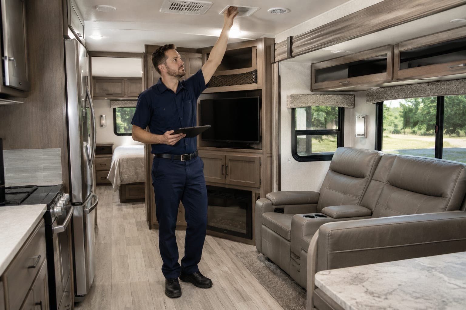 RV technician inspecting a fifth-wheel travel trailer at a Florida campground