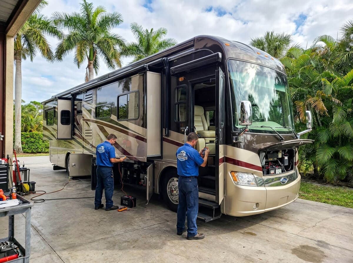 RV Service Club technician beside a motorhome at a Florida RV resort